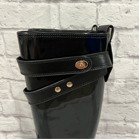 COACH TALIA BLACK TALL GOLD TURN LOCK LOGO RUBBER RAIN BOOTS A7850 Size 7 - Picture 2 of 13